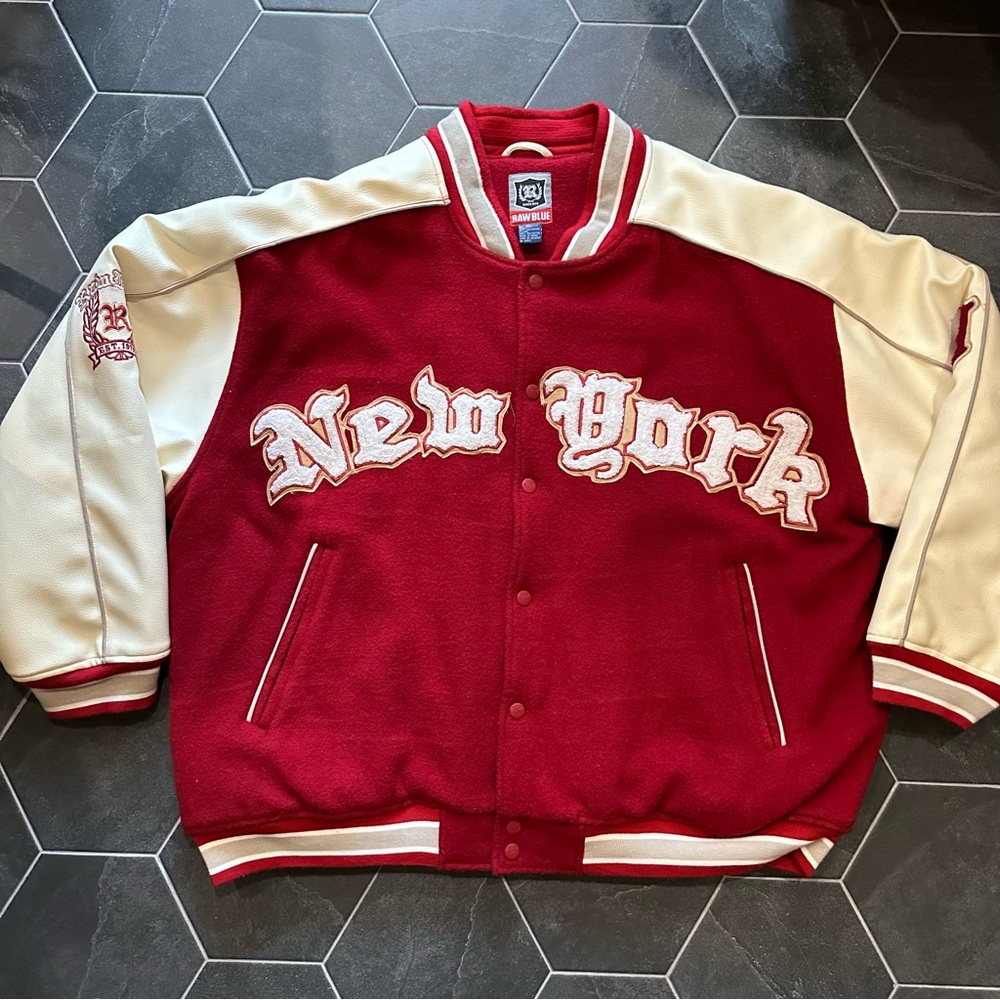 VTG Retro Red & White New York Raw Blue Wool Blend Varsity Jacket